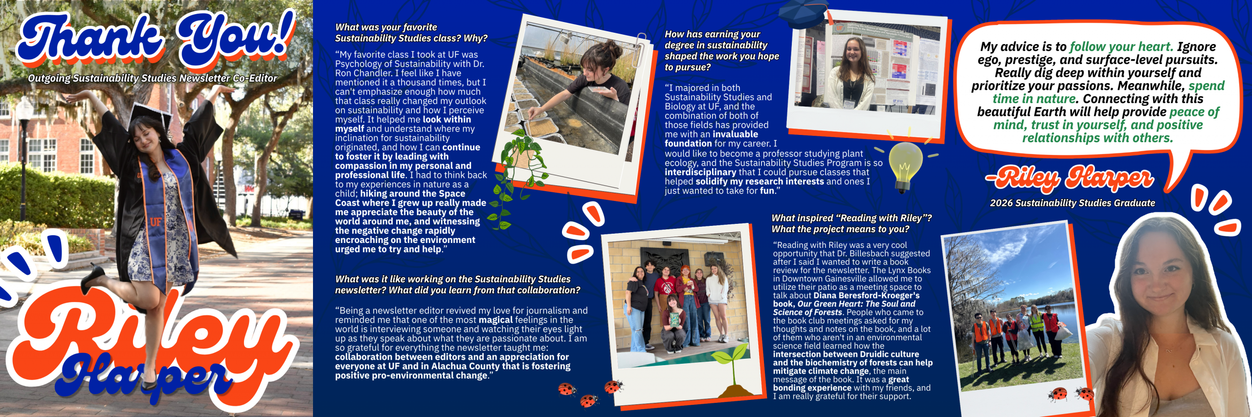 A graphic of Riley with some of her photos next to answers from her interview.